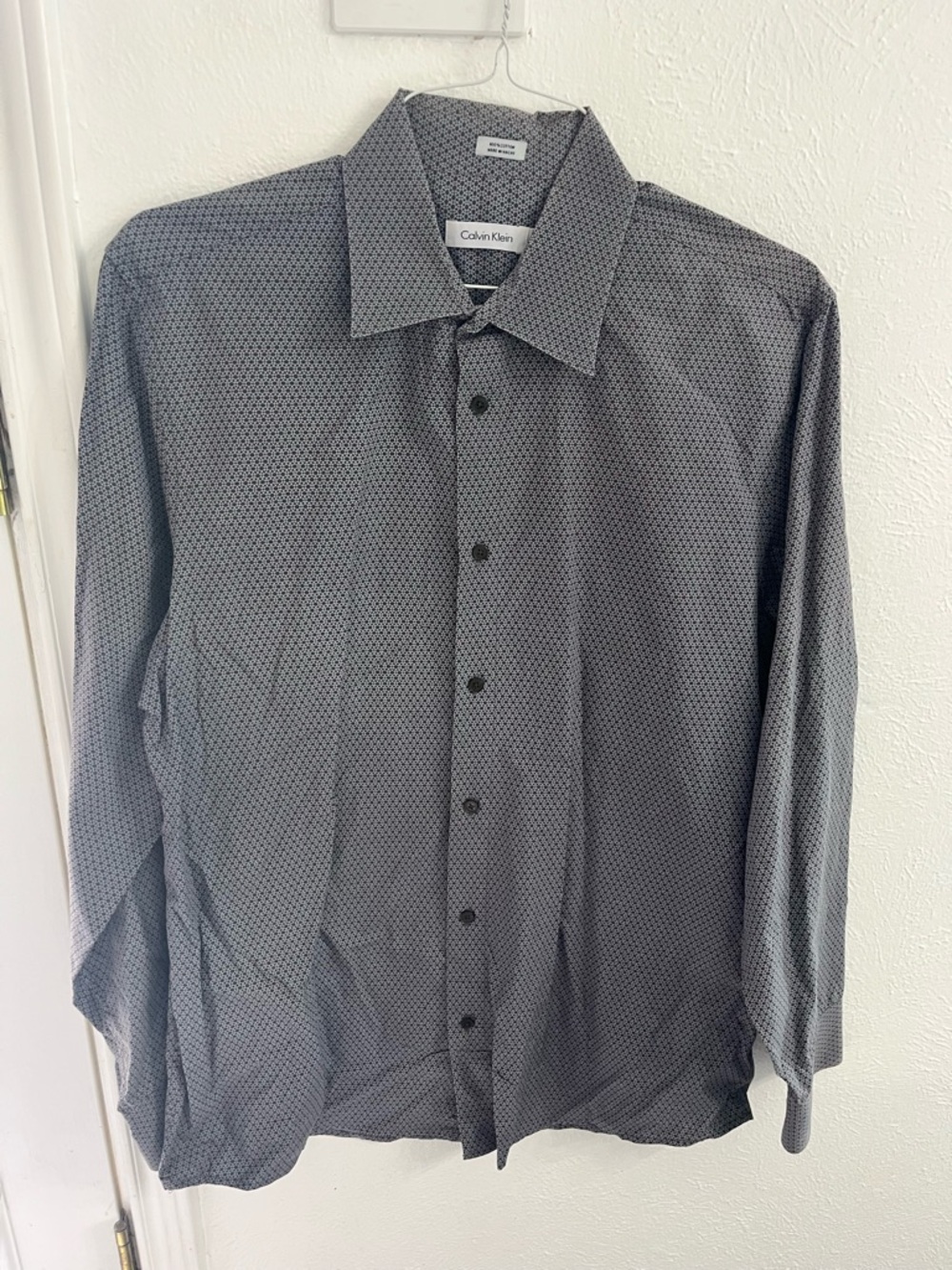 Calvin Klein Mens Large Blue Brown Micro Print Dress Shirt Cotton Button Down